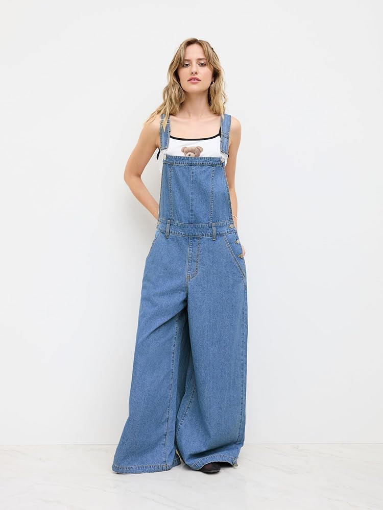 【値下げ中】Looplus Denim Overall Pants Casual Denim Jumpsuits For Women's V Neck Zip Up Bell Bottom